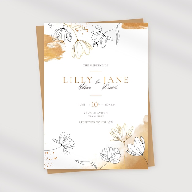 Free vector hand painted watercolor golden wedding invitation template
