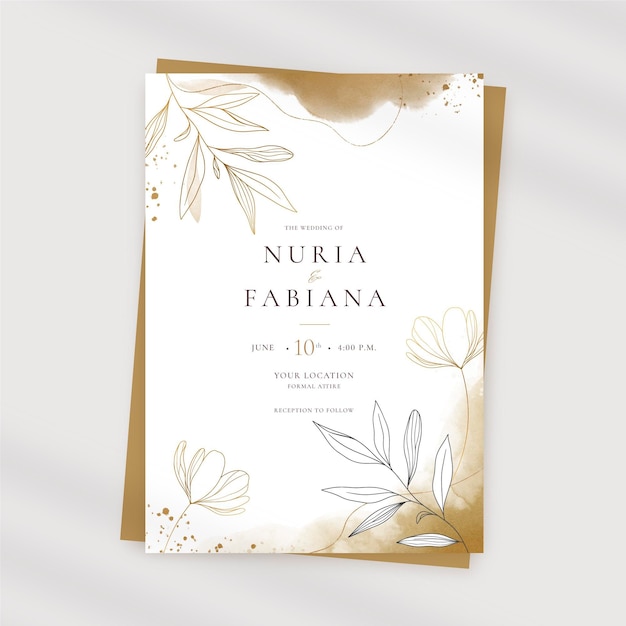 Hand painted watercolor golden wedding invitation template