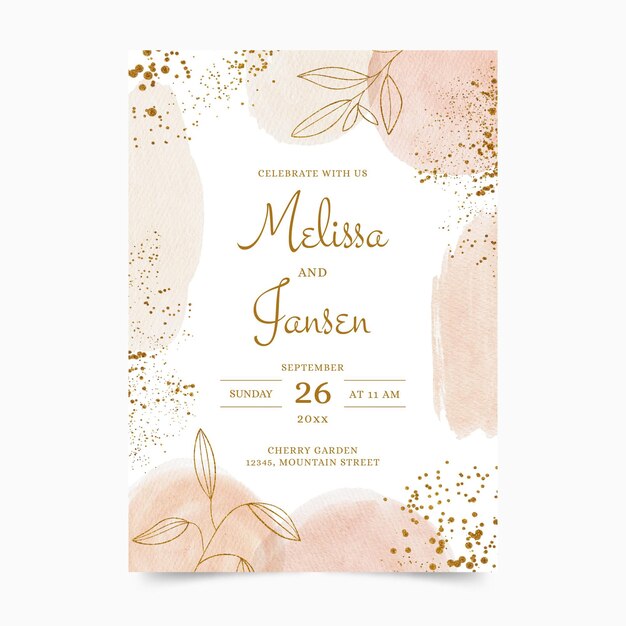 Hand painted watercolor golden wedding invitation template