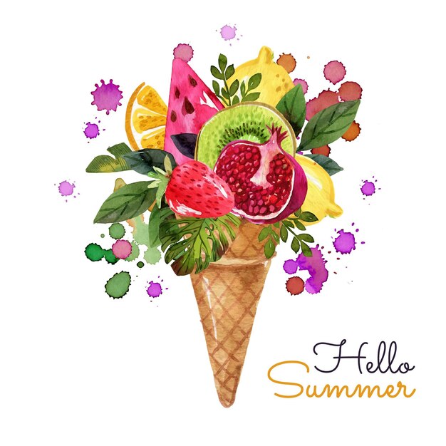 Hand painted watercolor hello summer illustration