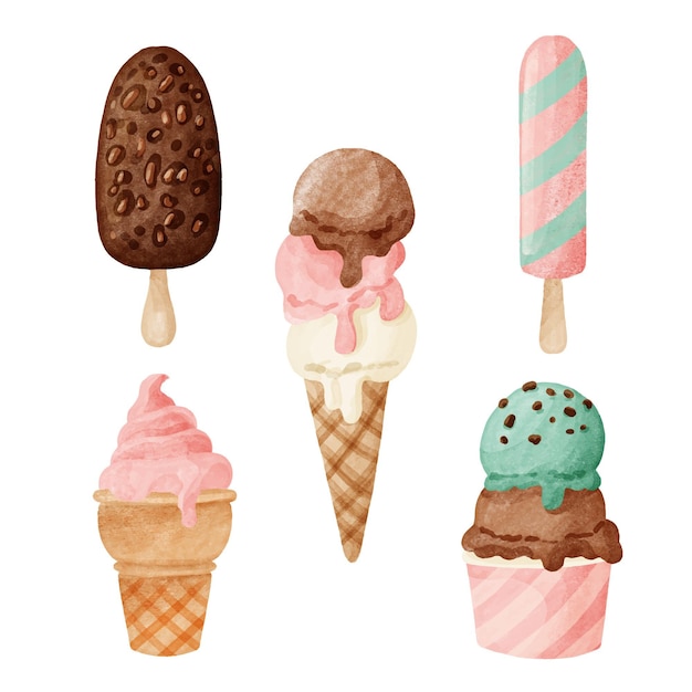 Free vector hand painted watercolor ice cream collection