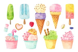 手描きの水彩アイスクリームコレクション
