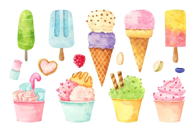 Hand painted watercolor ice cream collection