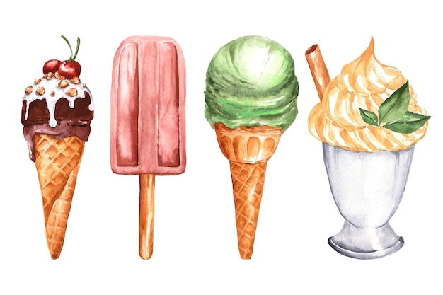 Free vector hand painted watercolor ice cream collection