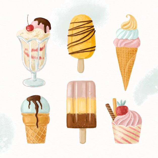 무료 벡터 손으로 그린 수채화 아이스크림 컬렉션