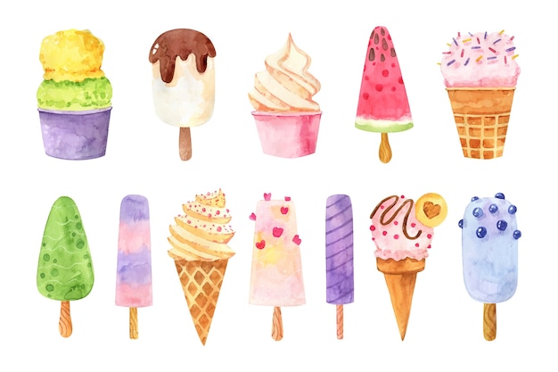 Free vector hand painted watercolor ice cream pack