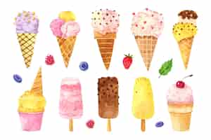 Free vector hand painted watercolor ice cream pack