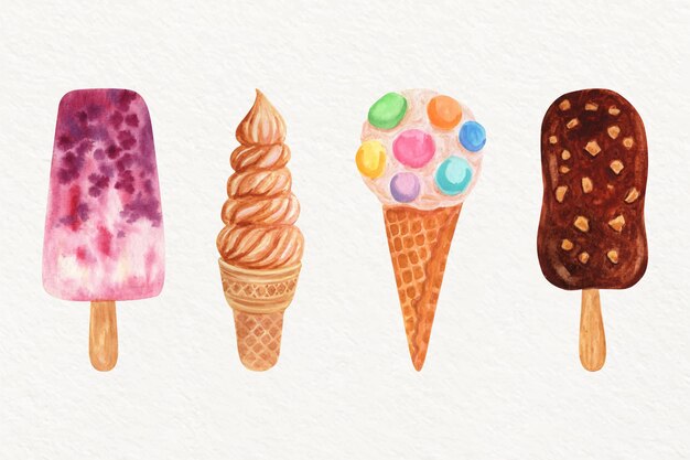 手描きの水彩アイスクリームセット