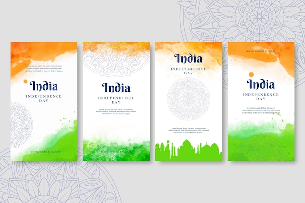 Free vector hand painted watercolor india independence day instagram stories collection