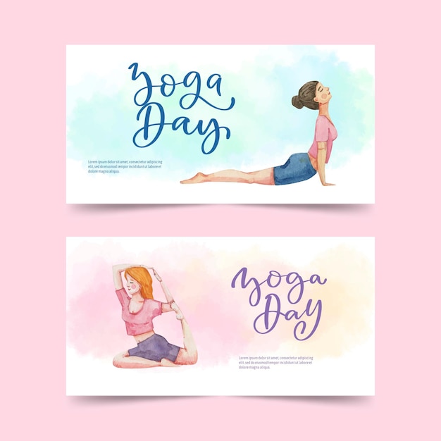 Free Vector hand painted watercolor international day of yoga banners set