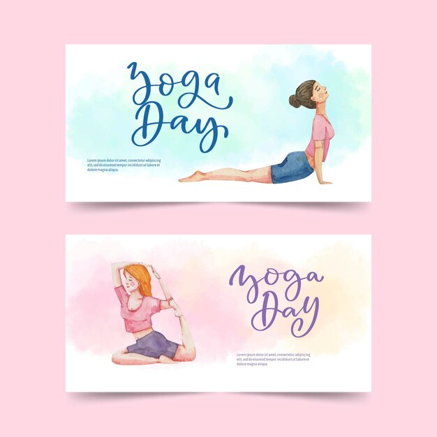 Hand painted watercolor international day of yoga banners set