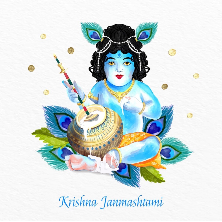 Free Vector hand painted watercolor krishna janmashtami illustration
