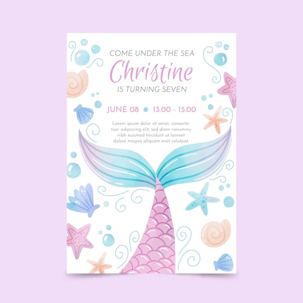 Hand painted watercolor mermaid birthday invitation template