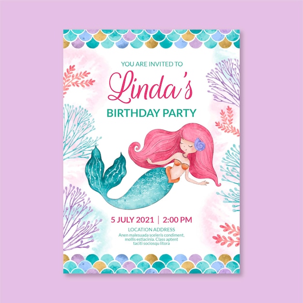 Free vector hand painted watercolor mermaid birthday invitation template