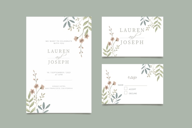 Hand painted watercolor minimalist wedding invitation template