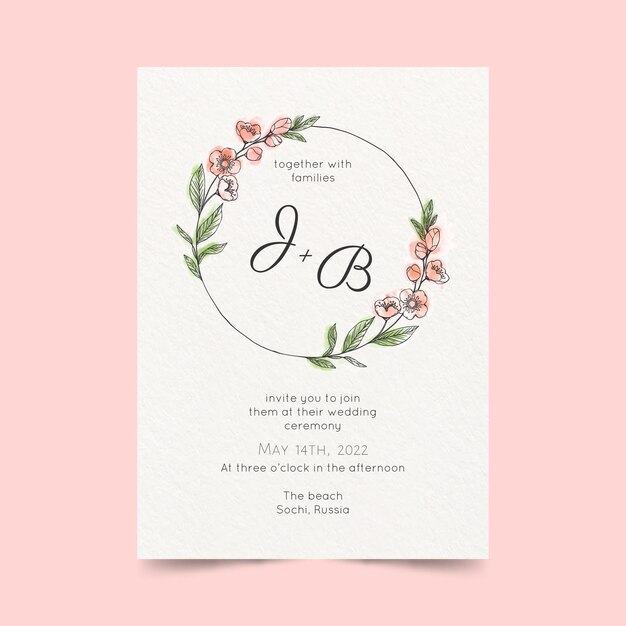 Hand painted watercolor minimalist wedding invitation template