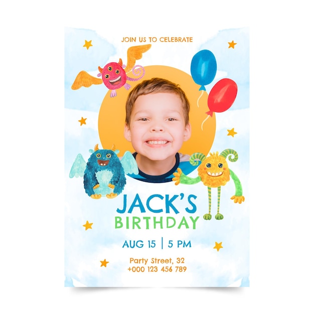 Free vector hand painted watercolor monster birthday invitation template with photo