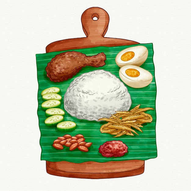 손으로 그린 수채화 nasi lemak