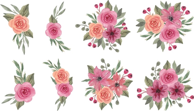 Hand painted watercolor pink orange floral bouquets arrangement vector collection