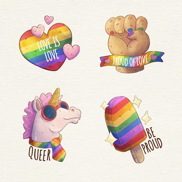 Free vector hand painted watercolor pride day badge collection