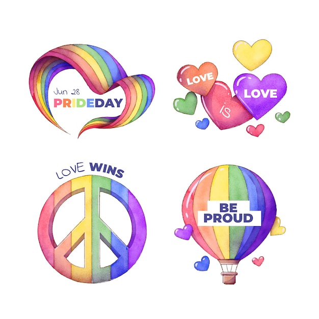 Hand painted watercolor pride day badge collection