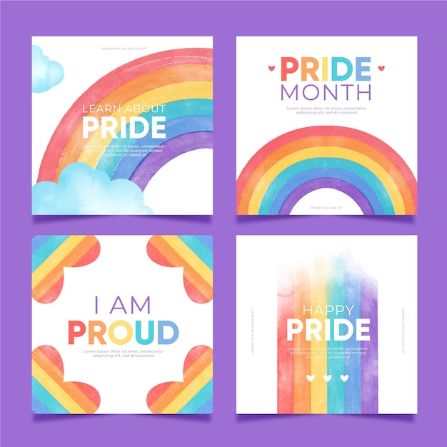 Free vector hand painted watercolor pride day instagram posts collection