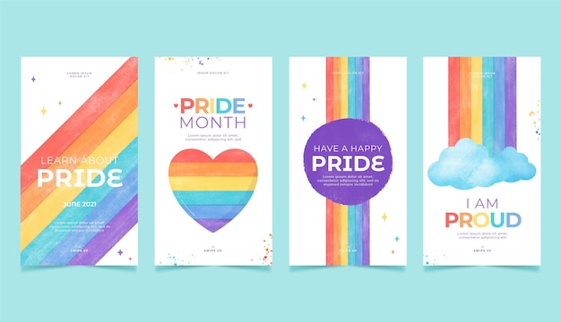 Free vector hand painted watercolor pride day instagram stories collection