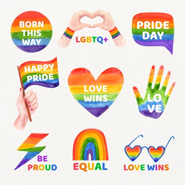 Hand painted watercolor pride day label collection