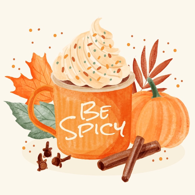 Hand painted watercolor pumpkin spice illustration