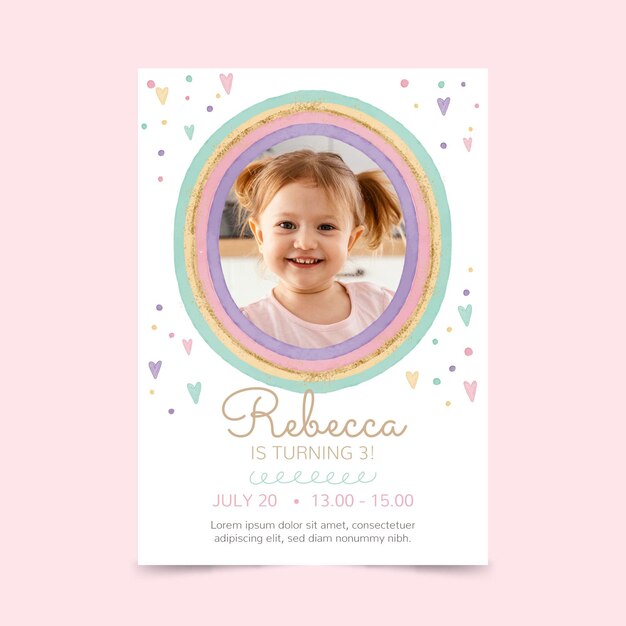 hand painted watercolor rainbow birthday invitation template with photo