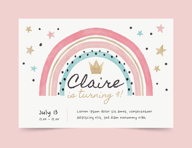 Hand painted watercolor rainbow birthday invitation template