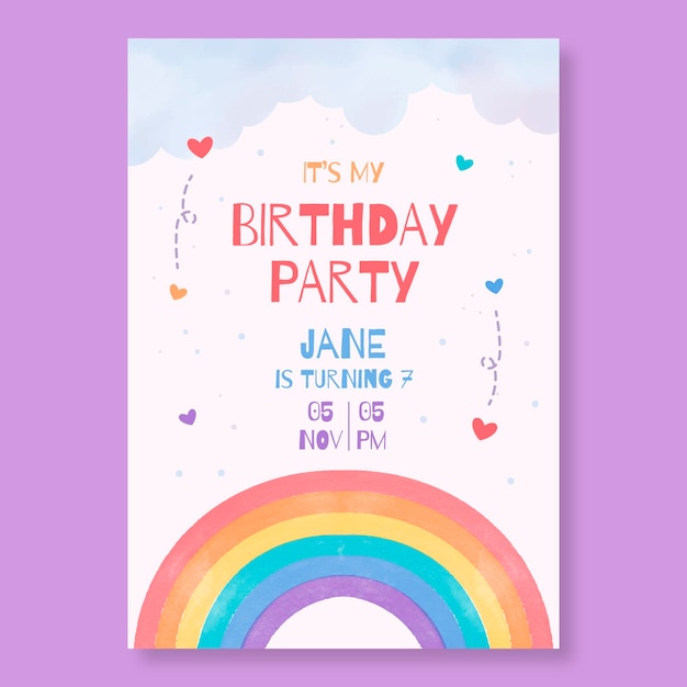 Modello dell'invito di compleanno arcobaleno dell'acquerello dipinto a mano
