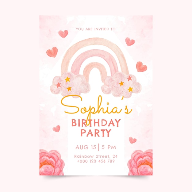 Free vector hand painted watercolor rainbow birthday invitation template