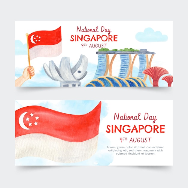 手描きの水彩画シンガポールナショナルデーバナーセット