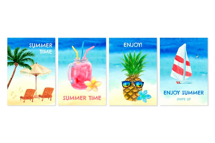 免費 Vector 手繪水彩夏日卡片系列