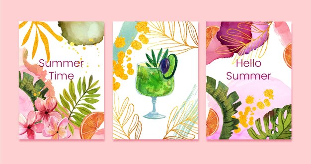 Hand painted watercolor summer cards collection