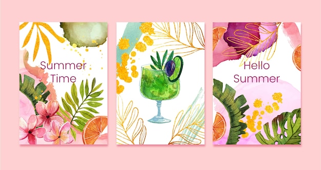 손으로 그린 수채화 여름 카드 컬렉션