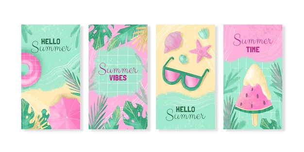 Free vector hand painted watercolor summer instagram stories collection