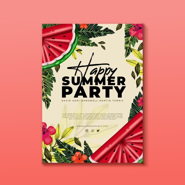 Hand painted watercolor summer party flyer template