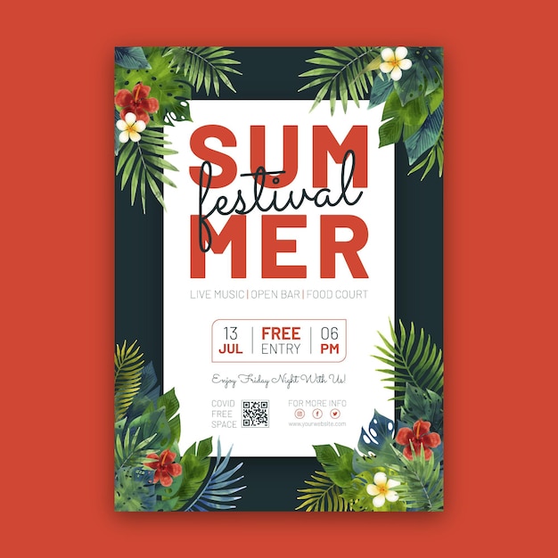 Hand painted watercolor summer party poster template