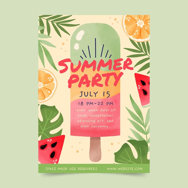 Free vector hand painted watercolor summer party vertical poster template