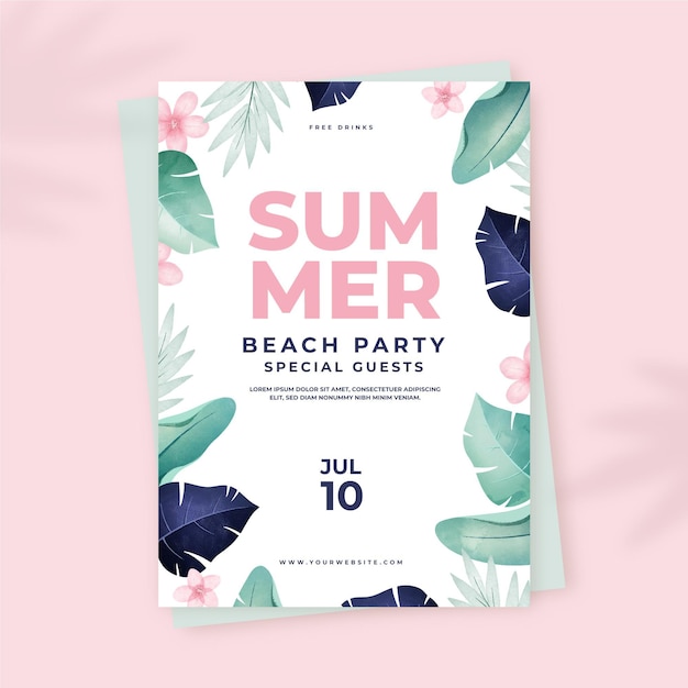 Hand painted watercolor summer party vertical poster template