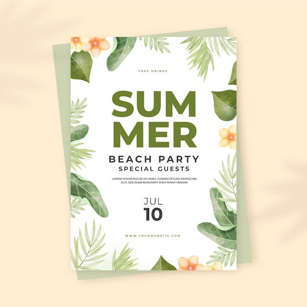 Hand painted watercolor summer party vertical poster template