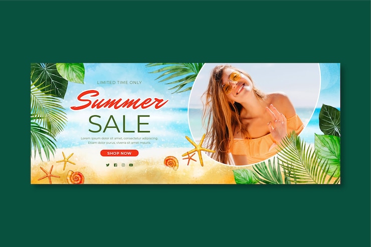 Free Vector hand painted watercolor summer sale banner with photo