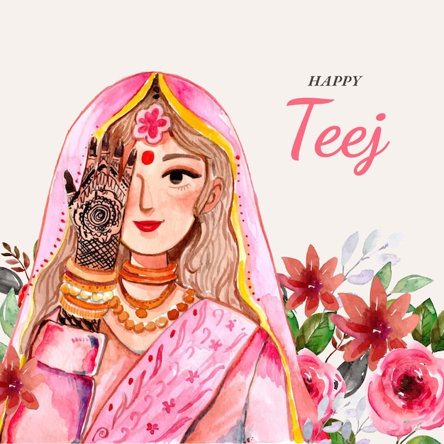 Free vector hand painted watercolor teej festival illustration