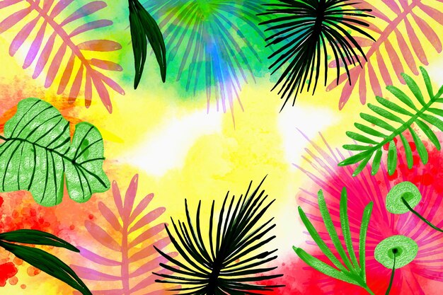 Hand painted watercolor tropical leaves background