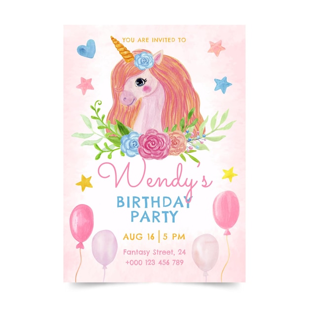 Hand painted watercolor unicorn birthday invitation template