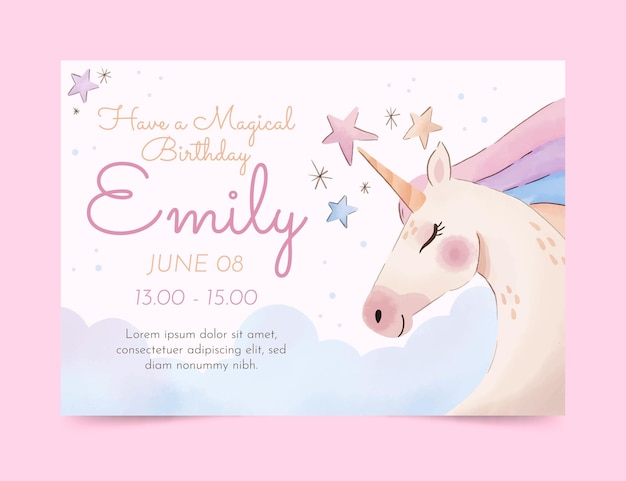 Hand painted watercolor unicorn birthday invitation template