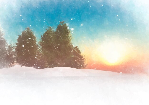 Hand painted watercolor winter landscape at sunset