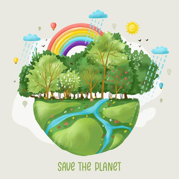 Hand painted watercolor world environment day save the planet illustration